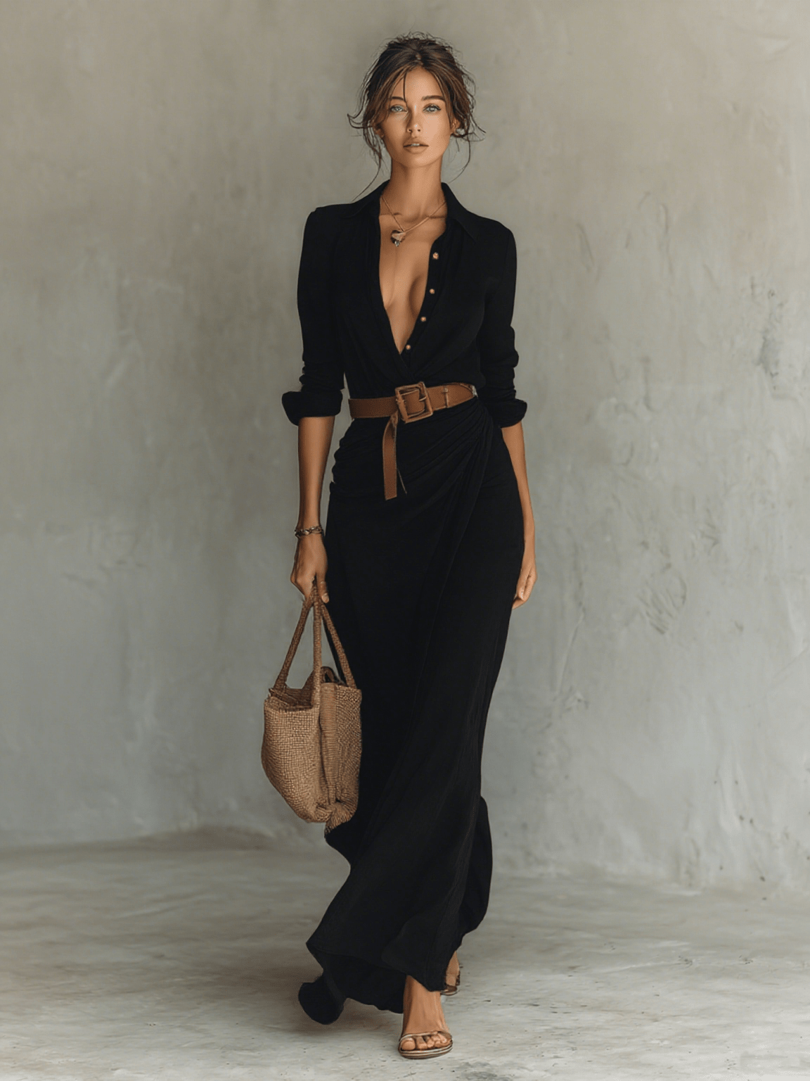 Vestido maxi largo con cuello de solapa y manga larga para mujer
