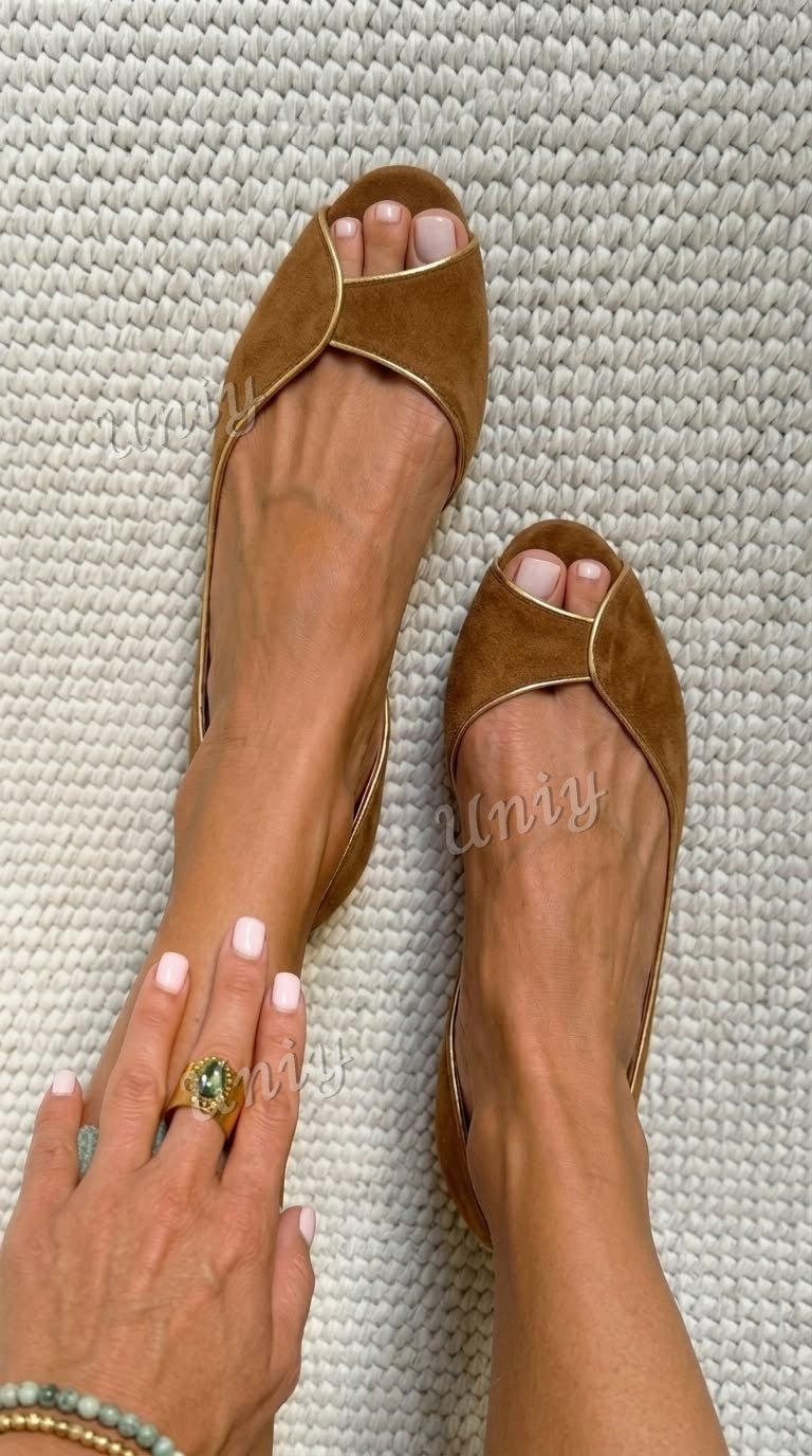 Beige and gold open-toe suede d'Orsay flats