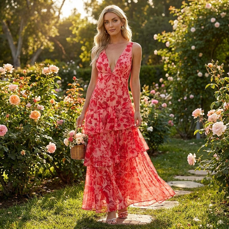 Maya | Vestido largo floral con volantes