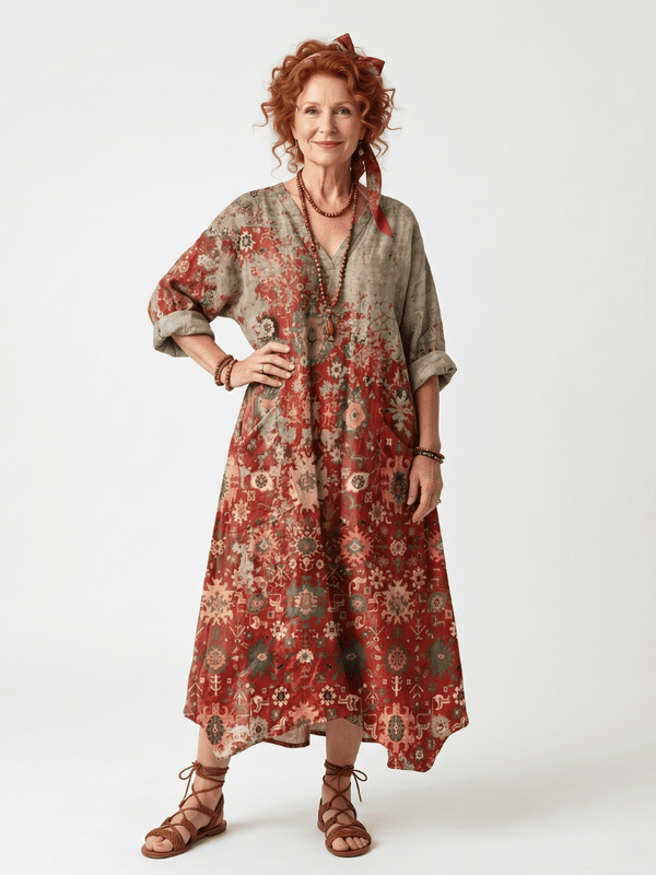 Saffron | Mixed Pattern Relaxed Pocket Midi Dress