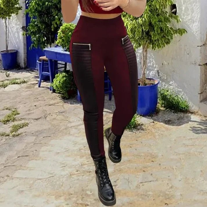 Daniela - Pantalón de cuero sintético con detalles en contraste y cremallera
