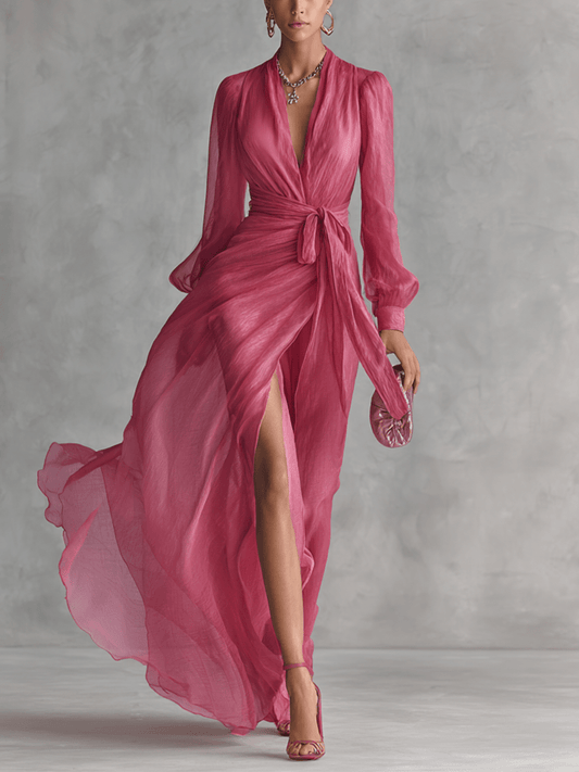 Vestido largo elegante de mujer en chifón rosa perla con escote en V y cinturón en la cintura