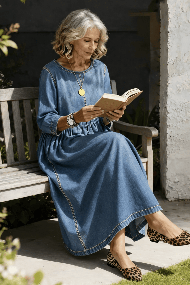 Melisa | Round-Neck Long-Sleeve Denim Dress