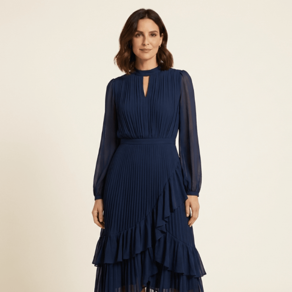 Noelia - Vestido elegante con escote ojo de cerradura y volantes