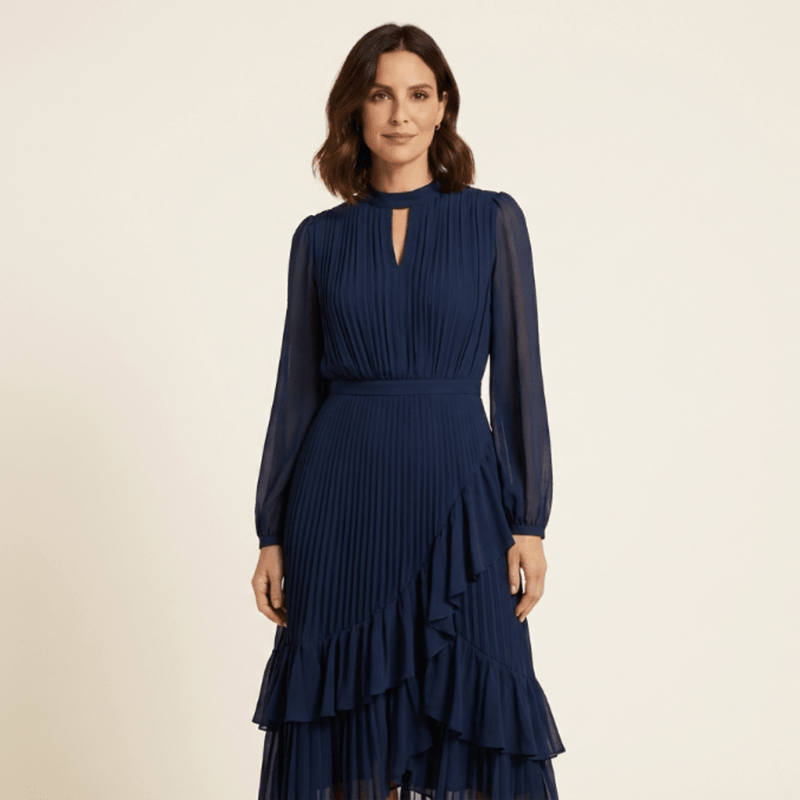 Noelia - Vestido elegante con escote ojo de cerradura y volantes
