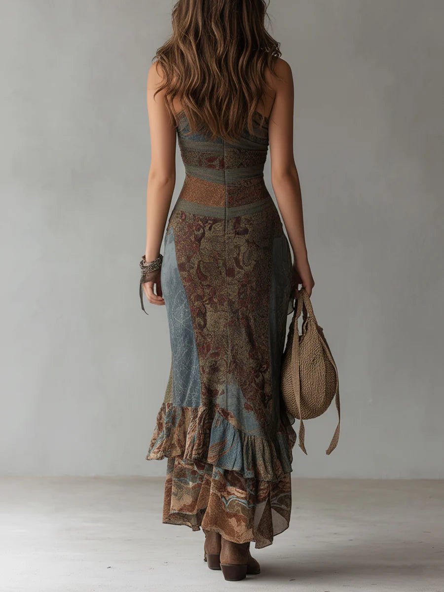 Elena – vestido largo estampado de un hombro con abertura alta