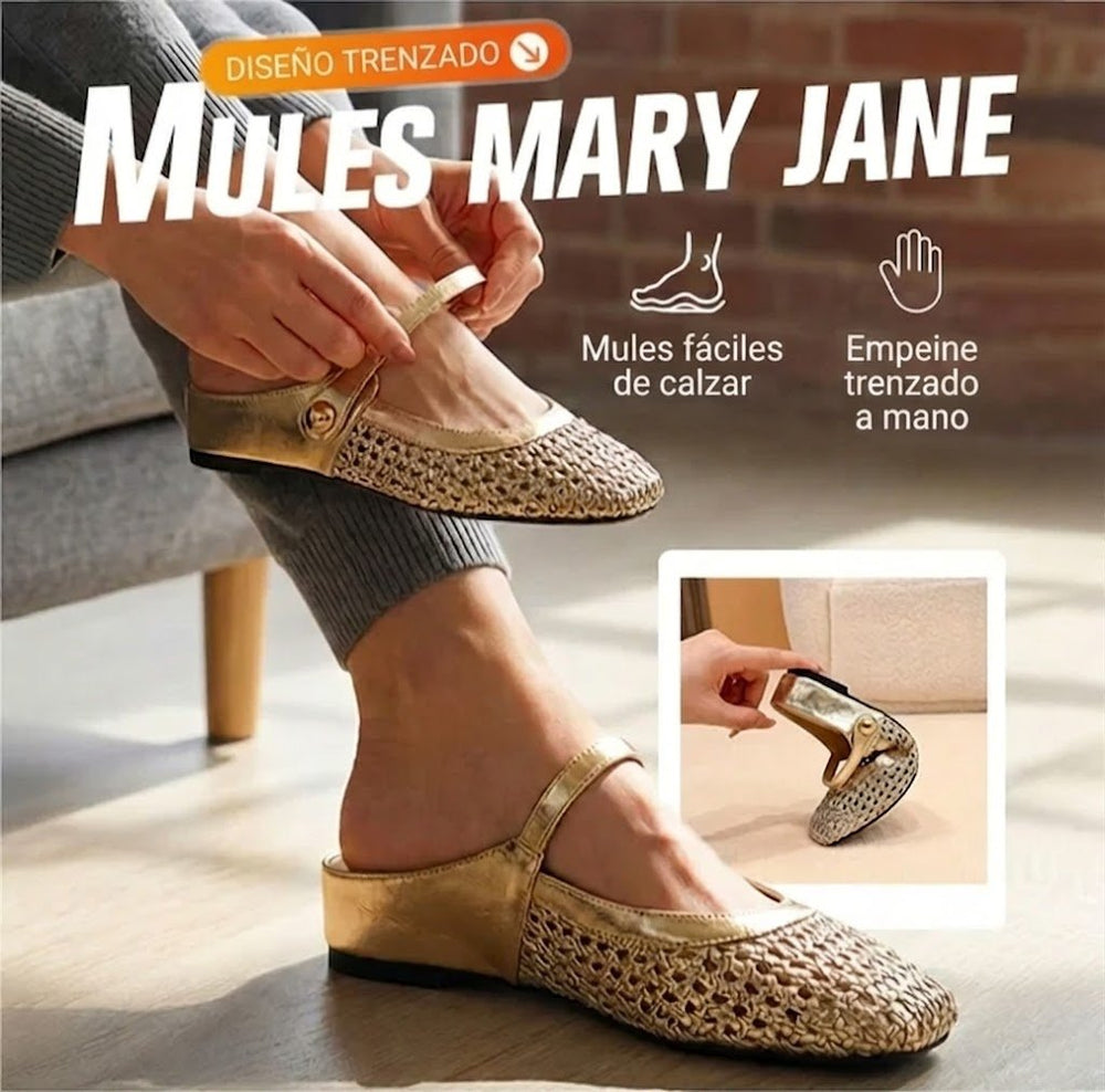 Maite - Mules de tejido trenzado con punta cuadrada y cierre Mary Jane