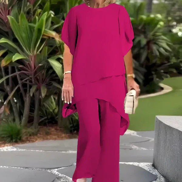 Nuria - Conjunto elegante con top asimétrico y pantalón ancho