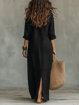 Céline™ | Loose Black Maxi Dress with Buttons