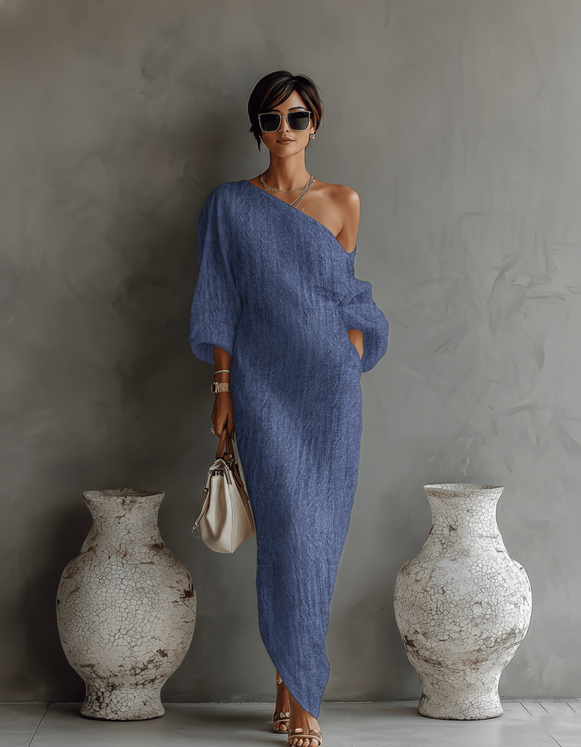 Vestido de lino color marfil con hombros descubiertos