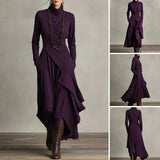 Elena - Vestido maxi elegante con cuello alto y drapeado asimétrico