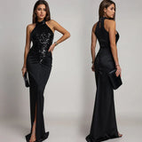 Victoria - Vestido halter con abertura y lentejuelas